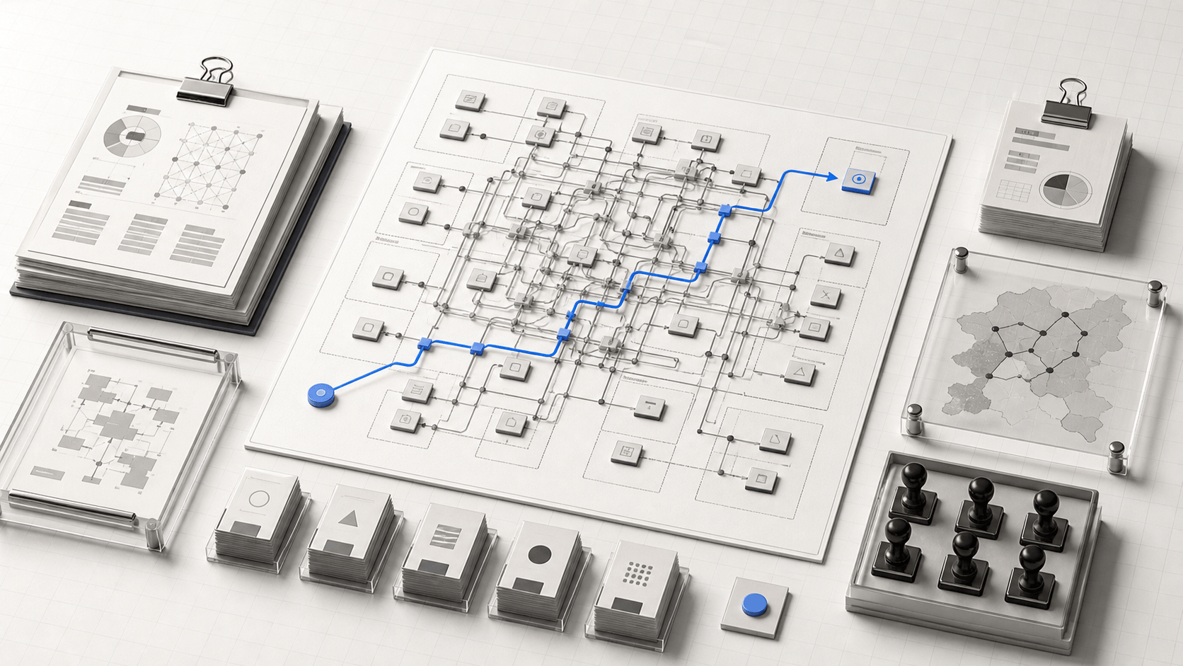 Isometric executive decision board with a single blue decision path moving through a congested governance map
