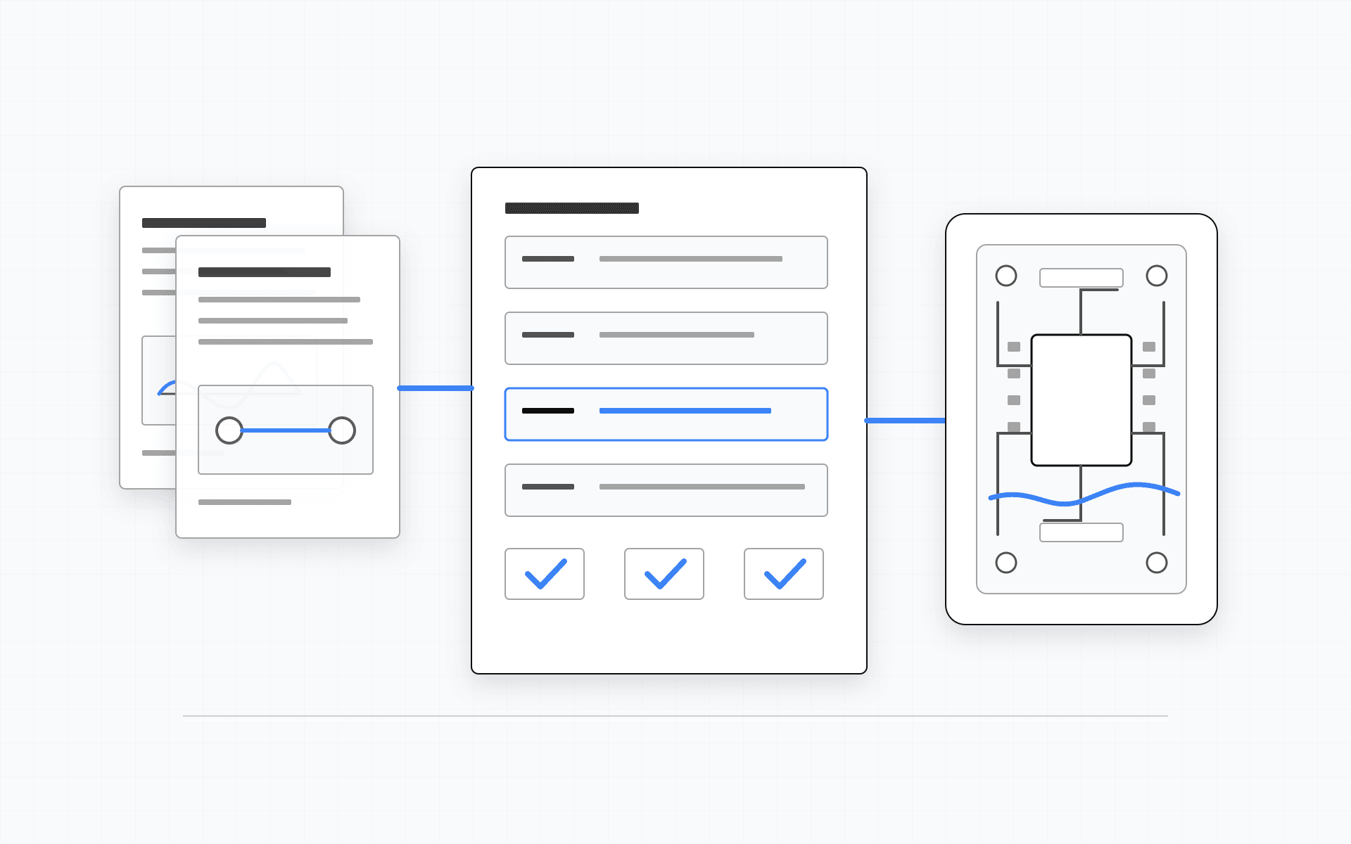 Technical diagram of source documents becoming component contracts, validation checks, and PCB design artifacts